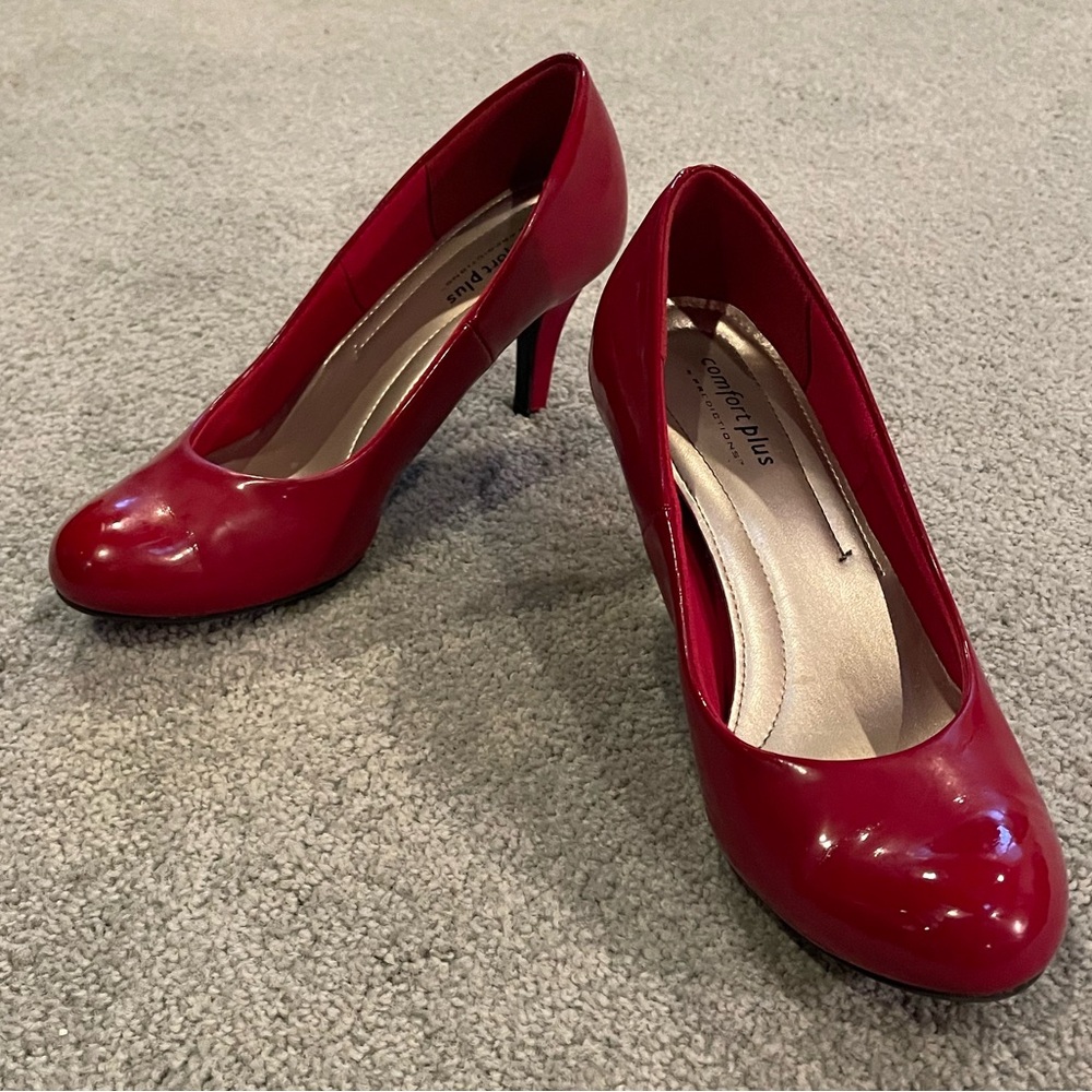 Red patent leather look heels